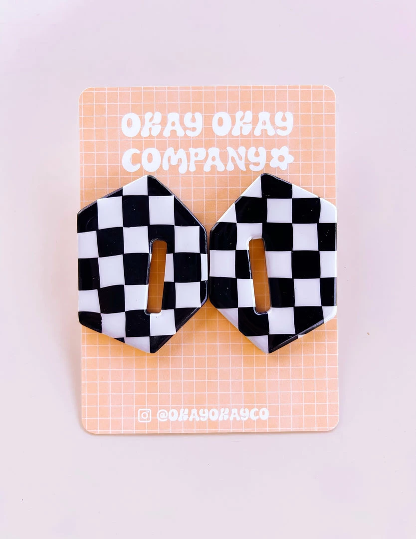 Okay Okay Company DAZEY LADY SHOP Check Stud Earrings In Black/Creme 2 Okay Okay Company DAZEY LADY SHOP Check Stud Earrings In Black/Creme