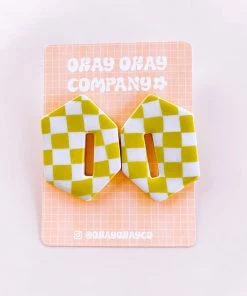Okay Okay Company DAZEY LADY SHOP Check Stud Earrings In Chartreuse/Creme