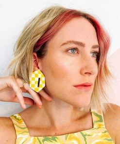 Okay Okay Company DAZEY LADY SHOP Check Stud Earrings In Chartreuse/Creme