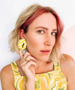 Okay Okay Company DAZEY LADY SHOP Check Stud Earrings In Chartreuse/Creme