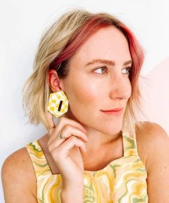 Okay Okay Company DAZEY LADY SHOP Check Stud Earrings In Chartreuse/Creme